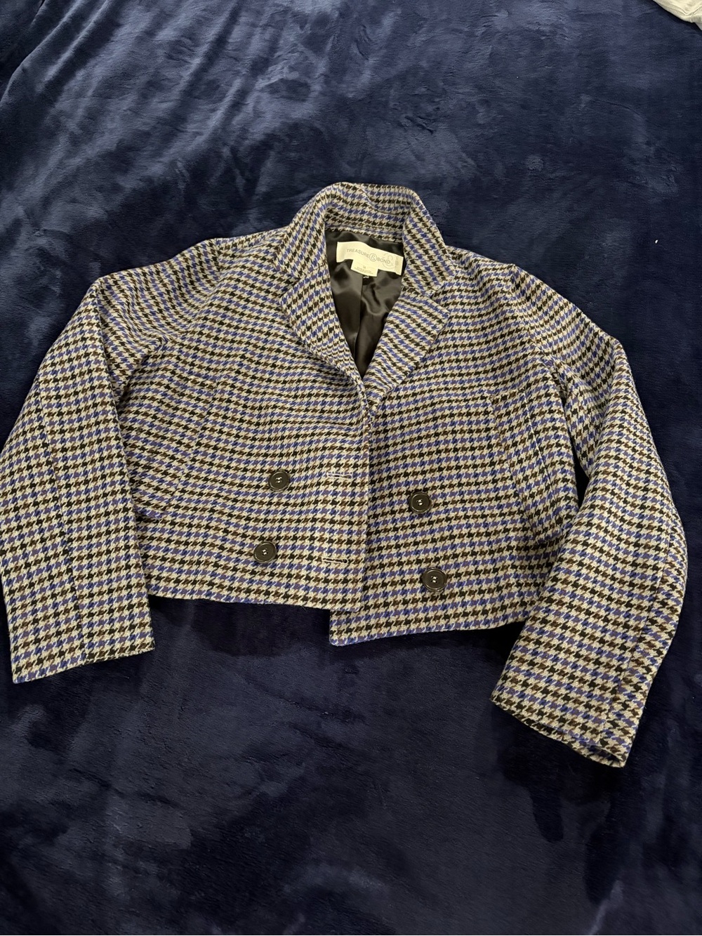 Treasure & Bond Cropped Houndstooth Double-Breasted Jacket - Blue & Black